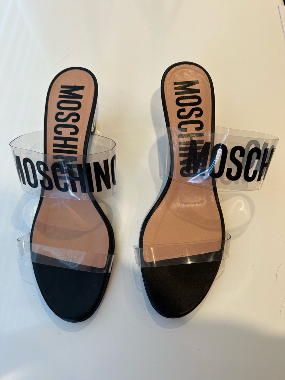 Moschino Black Footbed Clear Logo Strap Mid Heel Mules Authentic 41 (Size 9)